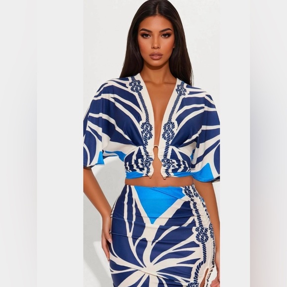 Fashion Nova Blue & White Two-Piece Printed Skirt Set - Picture 2 of 12